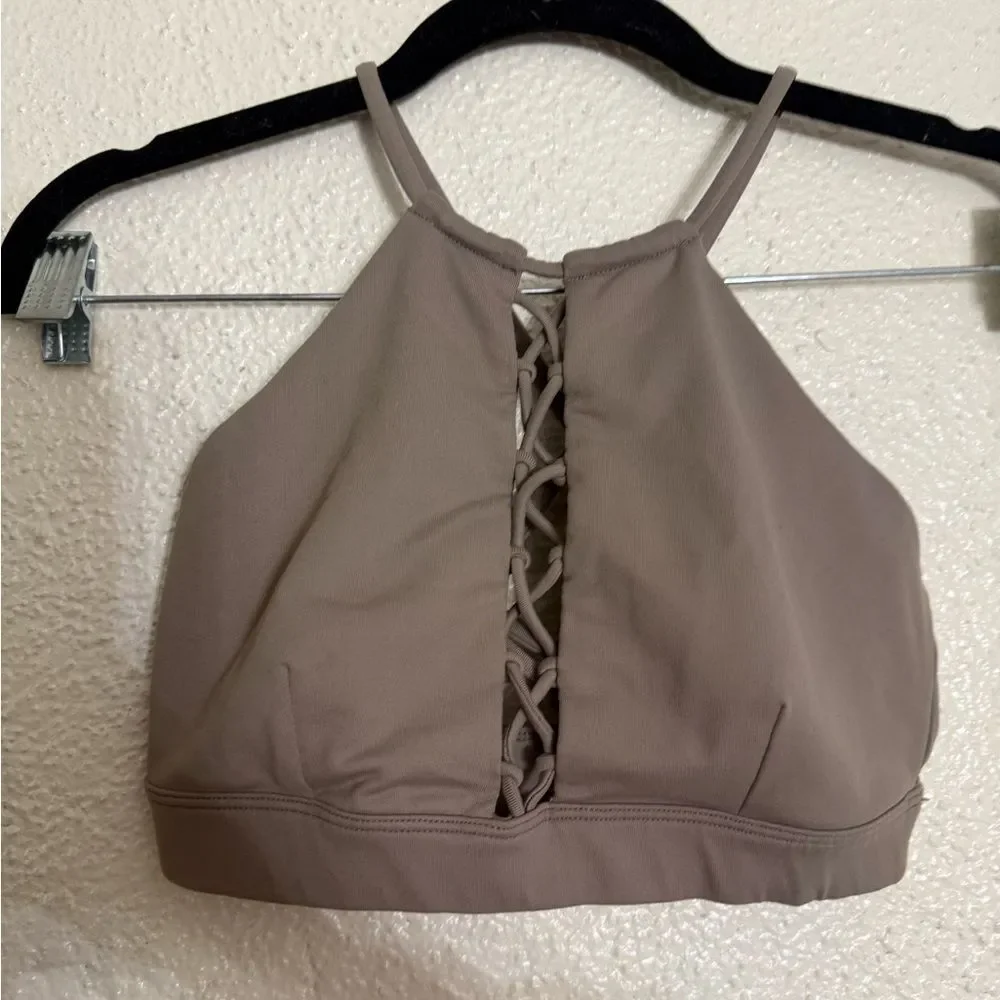 Alo Yoga Starlet Lace Up High Neck Sports Bra in Smoky Quartz tan color Size XS